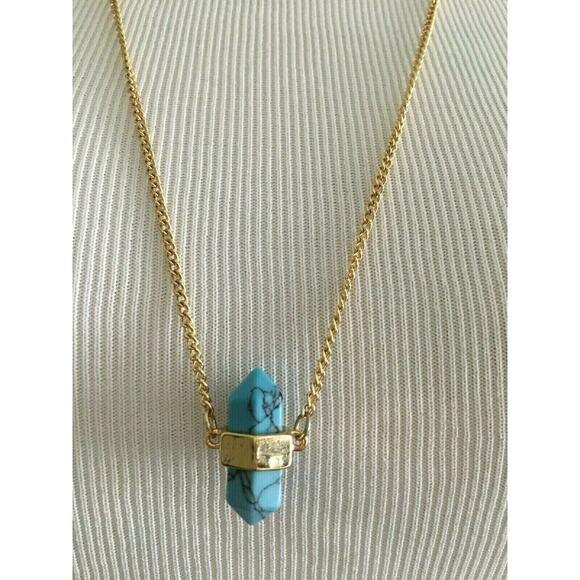 Los Angeles Boutique Long Gold Statement Necklace Faux Turquoise Stone Boho NEW - Picture 1 of 4